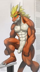 2018 absurd_res anthro balls blonde_hair claws delga dragon flaccid genitals green_eyes hair hi_res humanoid_penis m.u.g.e.n male male_only muscular nude penis scalie solo todex