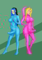 2019 2futas absurd_res absurdres alien black_hair blonde_hair blue_eyes blue_hair body_control bodysuit bottomless breasts digital_media_(artwork) drone empty_eyes erection futa_only futanari green_background groping hi_res high_resolution highres holding_breasts human human_only intersex large_breasts large_penis latex latex_bodysuit latex_breasts latex_elbow_gloves latex_futa latex_gloves latex_long_gloves latex_nipples latex_skin latex_skinsuit latex_suit latex_thighhighs licking_lips looking_at_viewer nude oo_sebastian_oo original parasite penis penis_growth pink_eyes pink_hair shiny_skin simple_background skye_(jbrey) smile standing starla_(jbrey) tongue topless