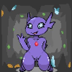 1:1 1girls 2020 3_fingers 3_toes anthro anthrofied blue_eyes butt_from_the_front cave chest_gem detailed_background digital_media_(artwork) female fingers flat_chest gem_eyes ghost imactuallygarbage kneeling looking_at_viewer nintendo nude open_mouth open_smile pixel_art pokémon_(species) pokemon pokemon_rse purple_body pussy sableye smile solo source_request thick_thighs thigh_gap toes video_games wide_hips