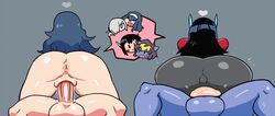 2boys 2girls animated anus ass asta_(crap_man) asta_rindo balls_deep black_hair blue_hair blue_skin blush cowgirl_position crap-man facing_away huge_balls long_hair mob_face neri_(crap_man) nude original sex tights vaginal_penetration