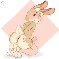 1:1 anthro anus ass balls big_ass big_balls big_butt blue_eyes blush bodily_fluids brown_body brown_fur clothing dan_the_rabbit fur genital_fluids genitals humanoid_genitalia humanoid_penis lagomorph legwear leporid male male_only mammal nub_tail penis precum rabbit solo stockings
