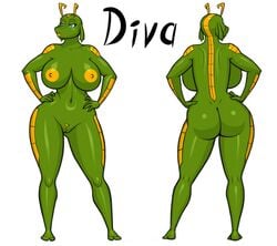 2017 alien areola ass breasts diva_(kostos_art) female female_only full-length_portrait genitals green_body kostos_art lips navel nipples nude portrait pussy solo yellow_areola yellow_body yellow_lips yellow_nipples