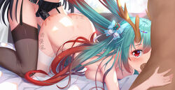 1boy 2girls absurdres antlers ass bed_sheet black_legwear blue_hair body_writing breasts dildo dragon_girl fellatio gradient_hair group_sex hair_pull highres huge_filesize long_hair looking_at_viewer multicolored_hair multiple_girls nude oral original penis red_and_white_(artist) red_eyes red_hair sideboob solo_focus strap-on tally tears thighhighs threesome top-down_bottom-up two_side_up white_legwear