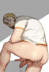 1boy armpit_hair ass ass_hair balls ballsack bara barry_goodman beard blonde_hair blue_eyes bottomless brown_hair cum cum_in_ass cum_on_body cum_on_boy cum_string ejaculation erection facial_hair feet_out_of_frame fire_emblem foreskin green_eyes headband highres implied_yaoi incubear intact leaking leaning_forward leg_hair looking_at_viewer looking_back male_focus male_only male_pubic_hair male_solo mature_male megami_tensei multicolored_hair muscular muscular_male naked_shirt nintendo partially_retracted_foreskin penis pubic_hair shirt short_hair solo thighs tokyo_mirage_sessions_#fe two-tone_hair uncensored uncut