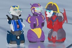 3girls amputee autobot blue_and_white_armor blue_eyes cybertronian female gray_lips limbless multiple_girls nautica objectification onahole onahole_transformation purple_armor purple_lips quadruple_amputee randomaustralian red_armor red_lips sex_toy sex_toy_transformation strongarm_(transformers) tongue_out transformation transformation_(object) transformers transformers_g1 transformers_idw transformers_robots_in_disguise_(2015) visor windblade wings