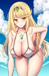 1girls ass_visible_through_thighs bent_over bikini blonde_hair blush breasts choker cleavage cloud collarbone earrings feet_out_of_frame female female_only hand_on_own_ass hand_on_own_knee hanging_breasts highres hikari_(xenoblade_2) jewelry large_breasts long_hair looking_at_viewer mythra nintendo noeomi open_mouth side-tie_bikini sky smile solo swimsuit thigh_gap thighs tiara wet white_bikini xenoblade_(series) xenoblade_chronicles_2 yellow_eyes