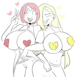 2girls :3 bare_shoulders blonde_hair breast_cutout breastless_clothes breasts curvy eyelashes female female_only forehead_jewel gesture hairband happy heart heart-shaped_nipples heart_cutout heart_nipples ino_yamanaka jinu large_breasts line_art locked_arms looking_at_another looking_at_viewer multiple_girls naruto naruto:_the_last nipple_covers open_mouth pink_hair sakura_haruno simple_background smile standing v