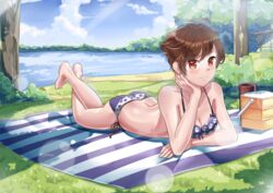 1girls ass bikini blush cleavage clouds crossed_legs detailed_background female female_only grass lake legs looking_at_viewer luna_loud lying on_stomach outdoors outside sky smile solo solo_focus straight_hair the_loud_house towel trees water