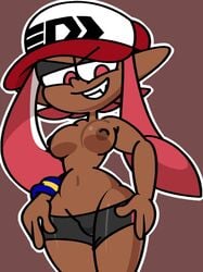 1girls anthro areolae armband bike_shorts breasts cephalopod cephalopod_humanoid dark-skinned_female dark_skin female female_focus female_only hair hat humanoid inkling inkling_girl laura_(splatoon) looking_at_viewer mask_(marking) nintendo nipples pants pointy_ears red_eyes sharp_teeth shorts simple_background smile smug solo solo_focus splatoon squid tentacle tentacle_hair vilepluff