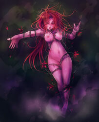 copyright_request hips kara_(color) long_hair navel nipples nude plant pussy_juice red_eyes red_hair thorns tongue vines wide_hips