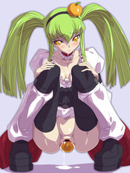 c.c. censored code_geass color cum cum_inside egg_laying female female_only food fruit fruit_dildo fruit_insertion green_hair highres insertion no_panties object_insertion orange_eyes pussy solo squat squatting thighhighs tied_hair twintails yellow_eyes