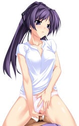 censored clothed_sex erect_nipples guided_penetration memories_off panties panties_aside pov purple_eyes purple_hair sex shirt suzuna_takano underwear vaginal_penetration