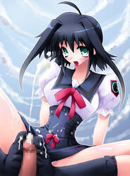 bad_feet black_hair blush censored clothing cum ejaculation feet footjob footjob_with_legwear footwear konami long_hair otomedius panties penis pink_panties pov scatter_milk socks underwear