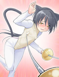 animal_ears black_fur black_hair cat_ears cat_tail clothed_masturbation clothing discreet_vibrator egg_vibrator female fencing fur kazuita leotard long_hair masturbation nipple_vibrator original original_character ponytail rapier short_hair solo source_request sword tail tied_hair tsukumo_kazuita vibrator weapon yellow_eyes