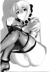 cassandra_alexandra censored fallen_angel female female_only highres human kansuke monochrome panties panty_pull pussy short_hair sitting solo soul_calibur thighhighs underwear