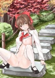 bra breasts brown_eyes brown_hair censored cum erect_nipples kanda_aya lingerie long_hair nature nipples no_bra no_panties open_clothes open_shirt original outdoors pussy pussy_juice ribbon ribbons shirt shoes spread_legs thighhighs underwear