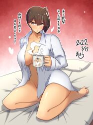 absurdres breasts brown_eyes brown_hair collarbone collared_shirt cup female highres holding holding_cup kaga_(kantai_collection) kantai_collection large_breasts long_hair long_sleeves mug naked_shirt open_clothes open_shirt osora_(judithandlilith) shirt short_sidetail side_ponytail sitting solo white_shirt