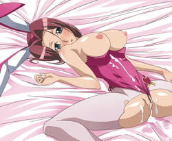 1girls bed blue_eyes blush bunny_ear censored code_geass cum cum_inside female female_only human kallen_stadtfeld lying pantyhose paopa_ship pink_legwear pink_pantyhose red_hair solo torn_clothes torn_pantyhose