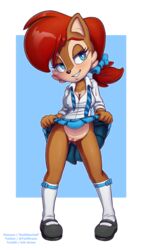 1girls 2019 anthro anthro_only archie_comics big_breasts black_nose blouse blue_background blue_eyes blush breasts cleavage clothed clothing clothing_lift exposed exposed_pussy eyelashes female female_only flats footwear fur furry furry_only going_commando ground_squirrel hair_ribbon hairbow half-closed_eyes hi_res highres knee_socks large_breasts mammal mary_janes necktie nipple_bulge no_panties no_underwear partially_clothed presenting presenting_pussy pussy raised_clothing red_hair ribbons rodent sally_acorn school_uniform schoolgirl sciurid sega shirt shoes short_hair simple_background skirt skirt_lift smile socks solo sonic_(series) sonic_the_hedgehog_(archie) sonic_the_hedgehog_(comics) sonic_the_hedgehog_(series) standing teeth the_other_half two_tone_background uniform url white_background