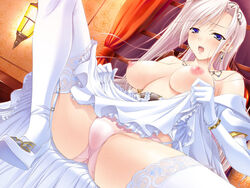 blush breasts bridal_veil bride charlotte_hazellink clothing dress elbow_gloves female game_cg gloves komori_kei large_breasts long_hair nipples open_mouth panties pink_hair princess_lover stockings sweat thighhighs underwear veil wedding_dress wet wet_panties