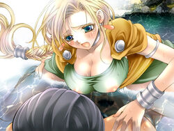 artist_request bianca_whitaker blonde_hair blue_eyes blush braid breasts cape censored clothed_sex clothing dragon_quest dragon_quest_v dress earrings female hero_(dq5) huge_breasts jewelry large_breasts long_hair nipples penis see-through see-through_clothing sex single_braid vaginal_penetration water wet wet_clothes