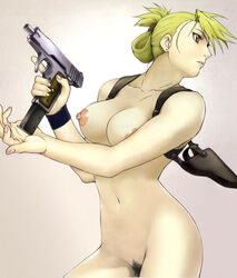 1girls blonde blonde_hair breasts brown_eyes casual earrings female female_only firearm fullmetal_alchemist gun handgun highres holster human jewelry magazine_(weapon) navel nipples nude pale_skin pistol pubic_hair pussy riza_hawkeye semiautomatic solo tactical_nudity trigger_discipline weapon