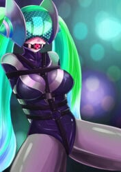 arms_behind_back ball_gag bodysuit bondage bound dj_sona drooling female female_only hair headgear helmet jitan777 league_of_legends leotard solo sona_buvelle tied_hair twintails two_tone_hair very_long_hair