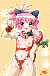 1girls animal_ears bell blue_eyes blush bondage breastless_clothes breastless_clothing breasts cat_ears cat_pose cat_tail choker collar copyright_request detached_sleeves fake_animal_ear female flat_chest highleg jingle_bell leotard midriff navel nipples ohtado oota_takeshi open_mouth paw_pose paw_print pink_hair ribbon shiny shiny_clothes short_hair signature smile solo spiked_hair tail tail_bell tail_ribbon thighhighs wedgie wrist_cuffs yellow_legwear