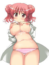 breasts cum double_bun hidamari_sketch hiro ikujitto nipples open_clothes open_shirt panties pink_hair shirt striped striped_panties tied_hair twintails underboob underwear white_background