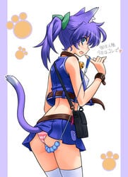 animal_ears bell bell_collar blue_eyes cat_ears cute_fang itoji masturbation original panties purple_hair solo striped striped_panties tail thighhighs underwear