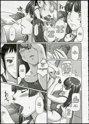 breasts comic cum english_text fellatio giri_giri_sisters hard_translated highres kisaragi_gunma large_breasts manga monochrome one-piece_swimsuit oral penis right_to_left swimsuit translated