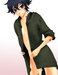 1boy belluch black_hair blood cum gundam highres male_only partially_clothed red_eyes setsuna_f_seiei short_hair solo