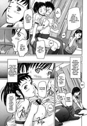 breast_grab breasts censored comic english_text female giri_giri_sisters gym_uniform highres kisaragi_gunma large_breasts male manga monochrome no_bra paizuri penis precum right_to_left school_uniform shirt_lift straight topless translated