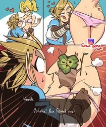 1boy 1girls 1other ambiguous_gender assisted_exposure bra breath_of_the_wild clothing comic crossover english_text female gameplay_mechanics humor korok link link_(breath_of_the_wild) male mario_(series) nintendo panties panties_down panty_pull pink_bra pink_panties ponytail princess_peach sasatseng super_smash_bros. surprised text the_legend_of_zelda tied_hair underwear underwear_only undressing