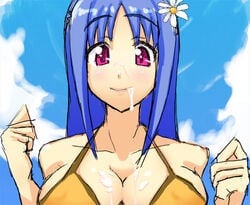 blue_hair breasts cum cum_on_body cum_on_breasts cum_on_upper_body facial flower gin hair_flower hair_ornament original purple_eyes sky smile swimsuit