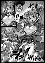 armor aruni asuka_(fns) belt blush breasts comic fuurai_no_shiren gloves headband long_hair monochrome monster nipples open_clothes open_shirt panties pig ponytail shirt suina tied_hair torn_clothes underwear