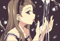 bow brown_hair cum cum_drinking cum_string dripping eyelashes frills gokkun hairband idolmaster long_hair looking_at_viewer minase_iori off_shoulder profile purple_eyes sou teenage tongue