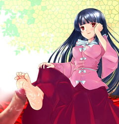 barefoot black_hair censored cum feet footjob kaguya_houraisan long_hair penis red_eyes solo touhou yako