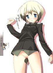 animal_ears blonde_hair blue_eyes blush bottomless brown_hair clothing erica_hartmann gertrud_barkhorn multicolored_hair nishikiori_jin nishikiori_kami no_panties peeking_out pointy_chin pussy short_hair short_two_tone_hair small_breasts strike_witches tail translated two_tone_hair uncensored