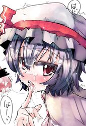 blue_hair blush bukkake censored cum ejaculation facial hat licking penis remilia_scarlet ribbon ribbons short_hair solo tongue tora touhou