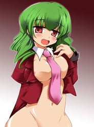 07th_expansion areola bottomless cute_fang erect_nipples female female_only green_hair leviathan_(umineko) long_hair navel necktie no_bra no_panties open_clothes open_shirt red_eyes shirogane_(platinum) shirt solo stakes_of_purgatory umineko_no_naku_koro_ni