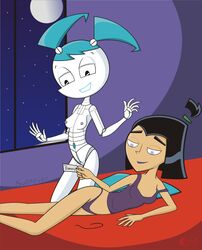 2girls crossover danny_phantom female goth gynoid human jenny_wakeman multiple_girls my_life_as_a_teenage_robot sam_manson screw_nipples smooth_skin tagme teenager xj-9