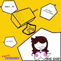 breasts brown_hair dialogue jaiden jaiden_animations jaidenanimations mob_face open_double_aa_battery_compartment peztoswordsmen shirt_lift shrug shrugging tagme text youtube youtuber