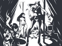 ami_mizuno artist_request bishoujo_senshi_sailor_moon breasts clothing female hat human indoors makoto_kino male mamoru_chiba medium_breasts minako_aino monochrome multiple_girls panties rei_hino sailor_moon skirt small_breasts smooth_skin standing stripper_pole top_hat tuxedo_mask usagi_tsukino