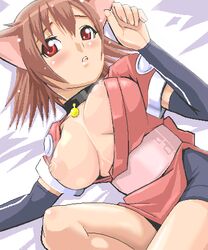 animal_ears bed blush breast_slip breasts brown_hair cat_ears clothing collar large_breasts lowres mao mao_(shining_tear) nipples oekaki puffy_areola puffy_nipples red_eyes shining_(series) shining_tear short_hair watarabe_keiichi