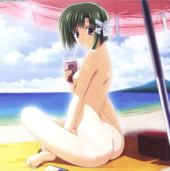 1girls ass beach beach_umbrella female_only green_hair nude ocean outside shigure_asa shuffle! tagme