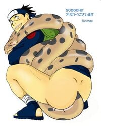 1boy anal anal_penetration ass back_view bara black_hair blue_headband blue_shoes blush blushing bottomless bottomless_male clothed clothing green_vest headband human light-skinned_male light_skin looking_back male male_anal male_focus male_only mouth_open naruto naruto_(series) open_mouth partially_clothed scar scar_across_nose scar_on_face scar_on_nose scarred_nose shirt shoes snake snake_bestiality snake_dominating_human snake_in_anus snake_in_ass snake_insertion solo solo_focus solo_male squatting topwear umino_iruka vest what white_background