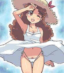 1girls 4040_(abonriya) breasts brown_eyes brown_hair cleavage color dress dress_lift female female_only hat long_hair lowres navel oekaki olive_(princess_maker) panties pixel pixel_art princess_maker_(series) princess_maker_2 pubic_hair side-tie_panties solo sun_hat underwear white_dress wind_lift wink