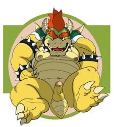 balls barefoot bowser claws erection green_shell horns humanoid_penis koopa male male_only mario_(series) nintendo nipples nude oshare_saru penis reptile scalie shell solo spiky_shell straight_hair video_games