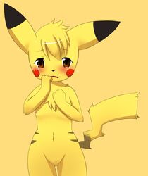 anthro blush color female female_only flat_chest front_view fur furry ka_(pixiv341010) nintendo nude pikachu pokemon solo standing tagme tear vulva